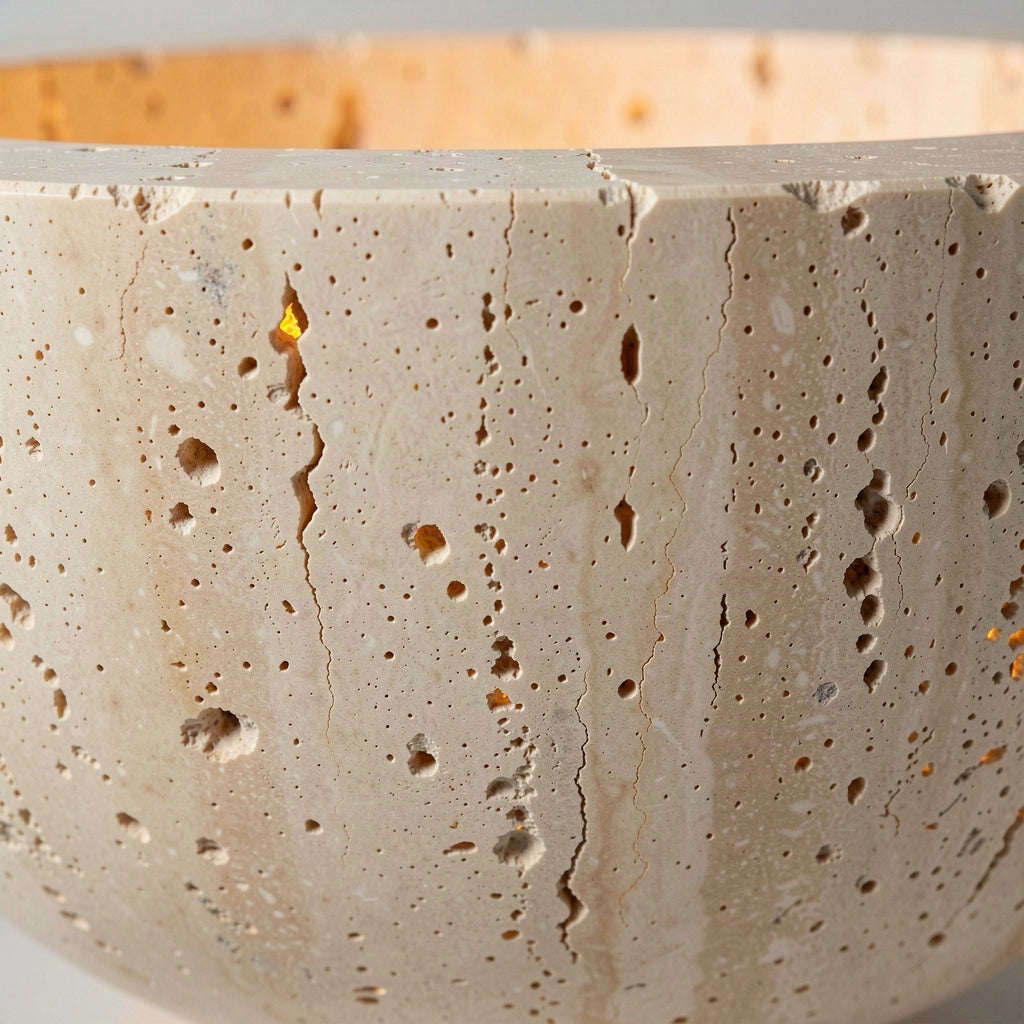 Close detail of the pitted, porous travertine surface of the sconce