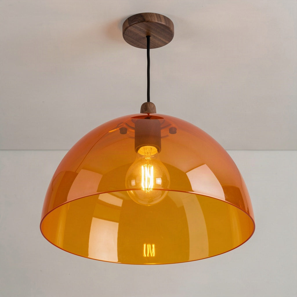 Angled view of the amber dome showing the open rim and the E27 bulb inside