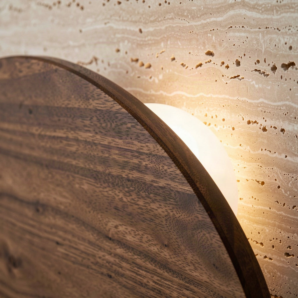 Close detail of the walnut grain against the pitted travertine surface