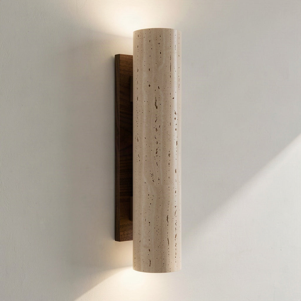 Angled view showing the travertine column standing clear of its wood backplate
