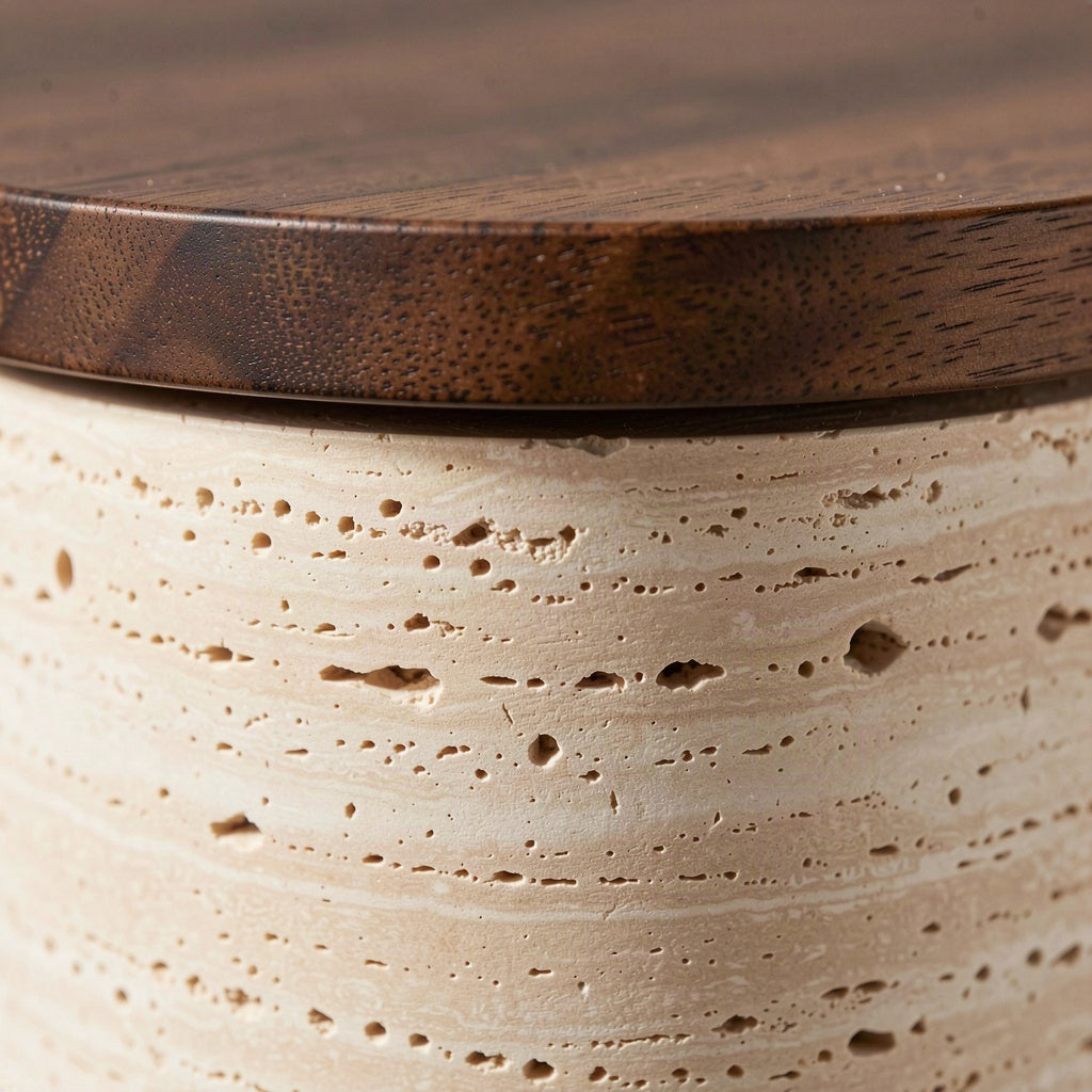 Close-up of the open-pored travertine surface meeting the turned walnut cap