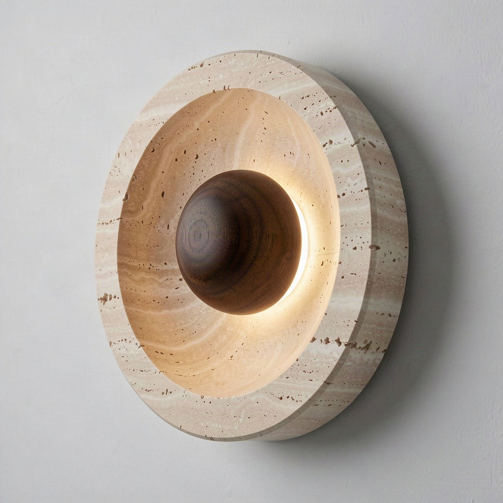 Angled view showing the thickness of the travertine disc and its dished centre recess