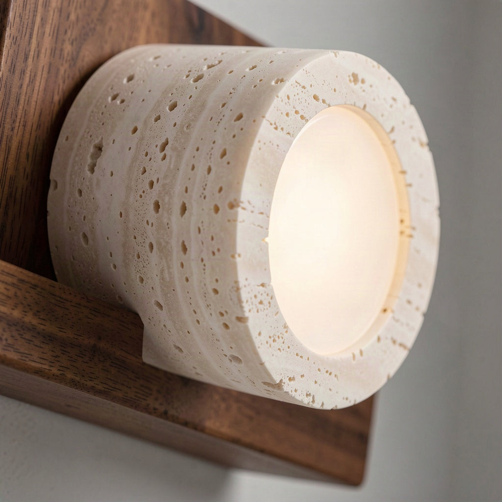 Close-up of one pitted travertine cylinder and its recessed diffuser on the walnut bar