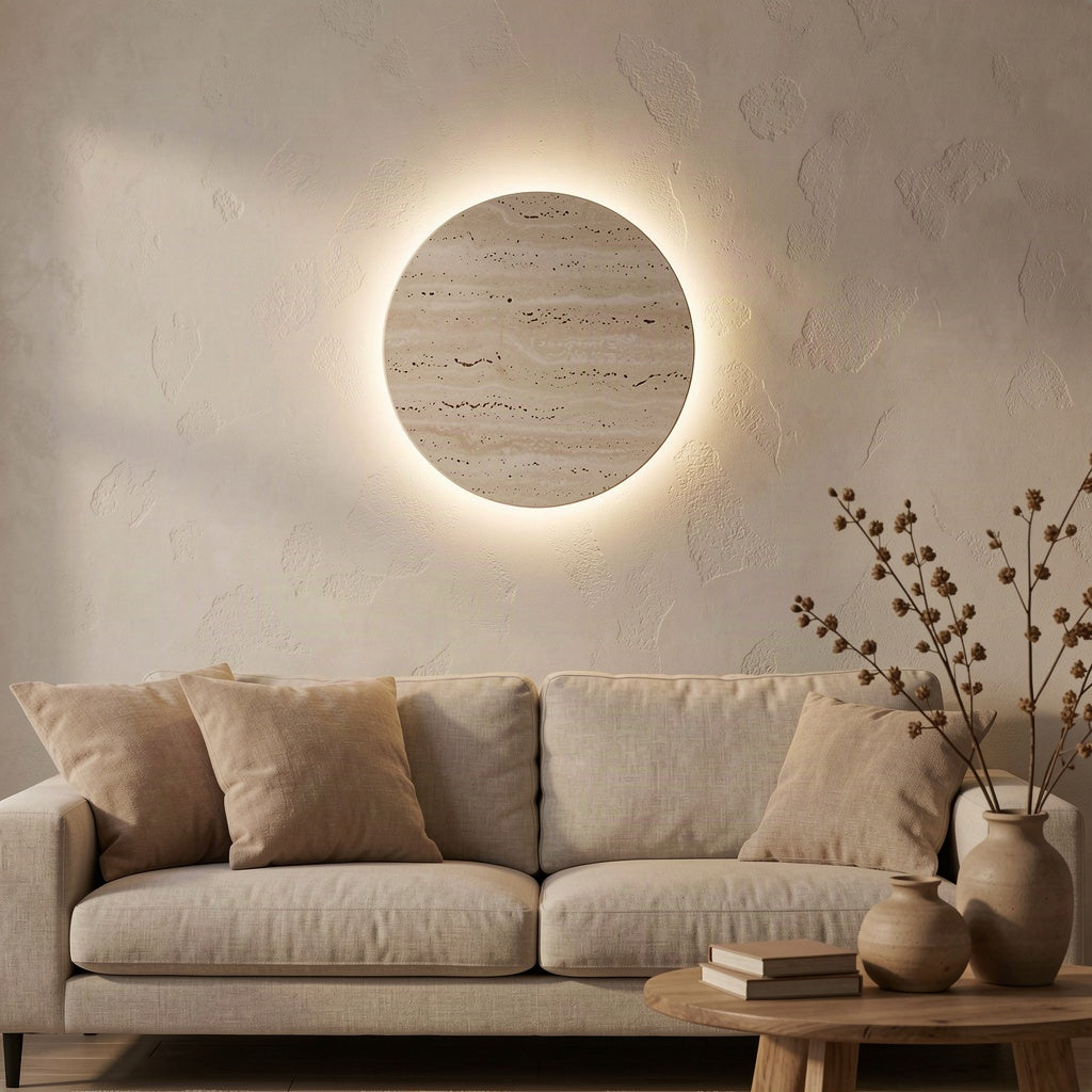 The travertine disc wall light glowing above a sofa in a plain plastered living room