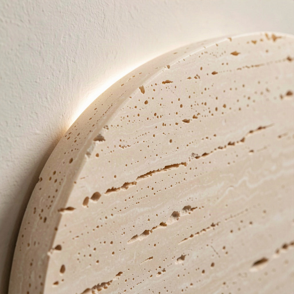 Close detail of the pitted, porous travertine surface and the eased rim of the disc
