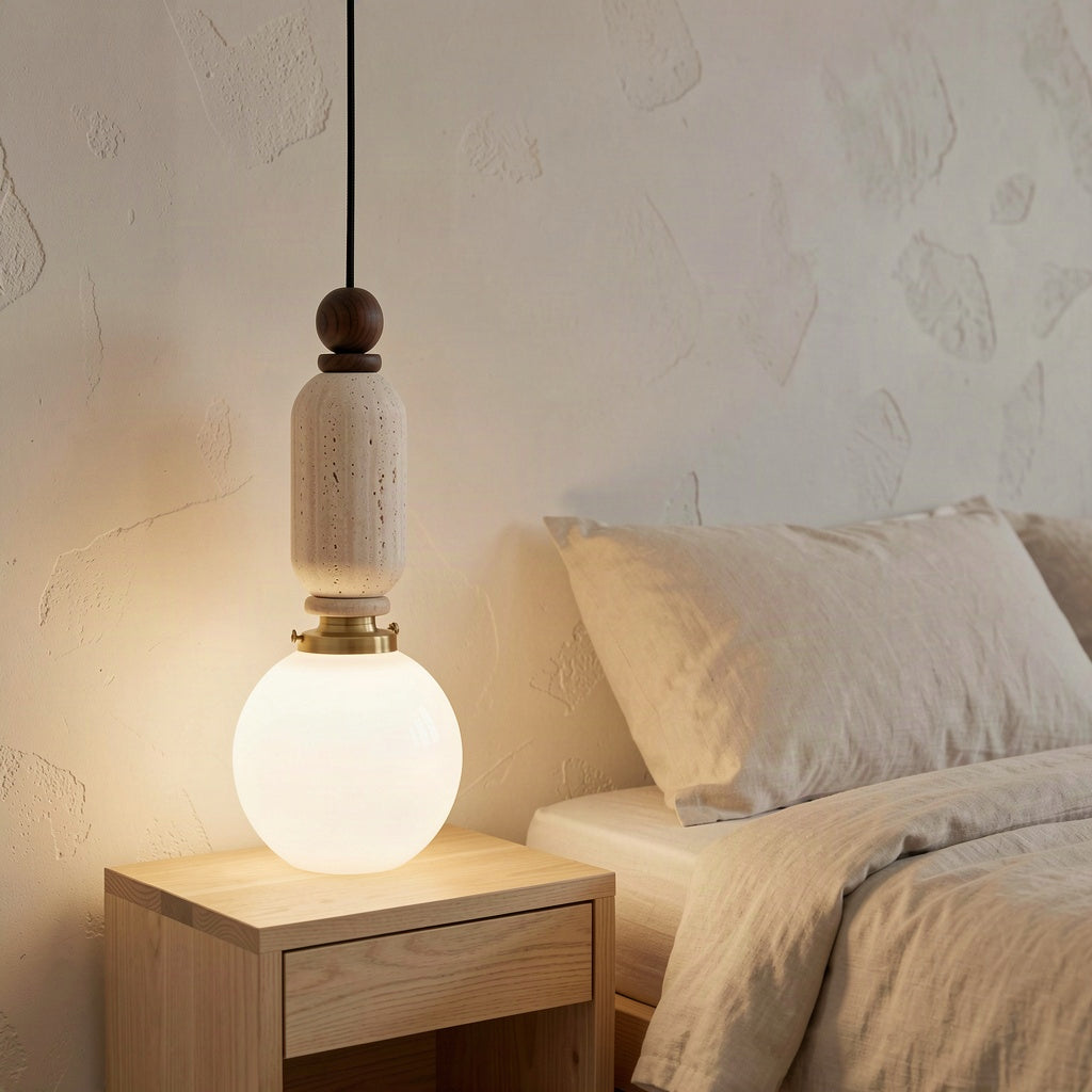 The travertine pendant lit above a wooden bedside table beside a linen-dressed bed