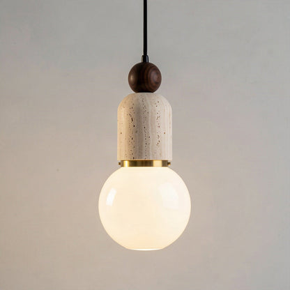 Angled view of the pendant showing the stacked walnut bead, travertine body and opal globe